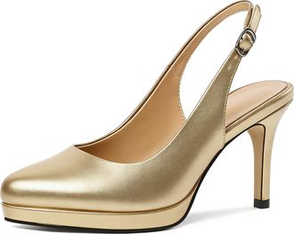 EDEFS Womens Gold Slingback Heels with 3.5 Inch High Heel Platform Elegant Court Shoes for Office and Evening Wear UK2