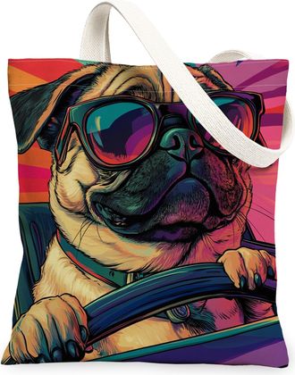 Generic Pug Dog Canvas Tote Bag for Shopping 13x15, Pop Aesthetic Funky Puppy Reusable Grocery Print Pattern Bag for Women, Cool Pet Beach Aesthetic Painting 