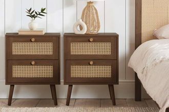 Birlea Pair of Bedside 2 Drawer Cabinet Rattan Croxley Side Table Walnut in Brown