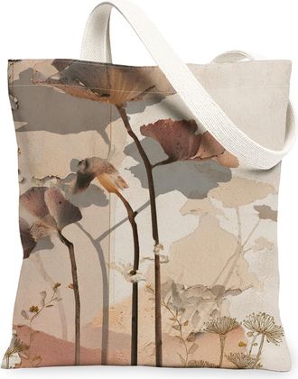 Generic Vintage Floral Canvas Tote Bag, Elegant Plant Design Reusable Grocery Bags, Lightweight Washable Shoulder Strap Canvas Bags, Beige, 13x15 Inch