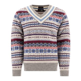 Beams Plus V-neck Knitwear, male, Multicolor, Size: XL Grey Knitwear Fair Isle Sweater Aw24