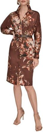 DKNY Floral Long Sleeve Belted Stretch Cotton Shirtress in Oxblood Multi at Nordstrom Rack, Size 8
