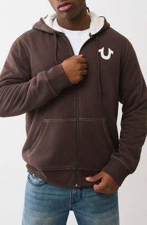 True Religion Logo Seal Faux Shearling Zip Hoodie in Java at Nordstrom Rack, Size Xx-Large