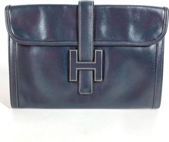 Herm&egrave;s Navy Box Calf Leather Clutch Bag (Pre-Owned)