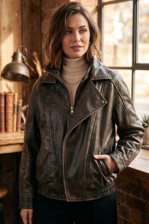 Infinity Leather Womens Brown Cow Leather Big Bomber Biker Blouson Oversized Jacket - Bloom