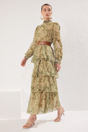 Trendyol Modest Dames Groen Bloemen Maxi Lang Casual Skater Modest Jurken
