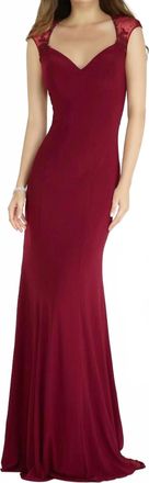 Alyce Paris Sheer Lace Back Long Jersey Gown In Burgundy