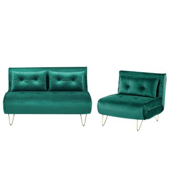 Beliani Conjunto De Sala De Estar 3 Plazas De Terciopelo Verde Oscuro Dorado Cojines Vestfold