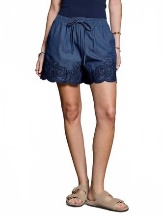 Current Air Scalloped Hem Embroidered Shorts In Denim
