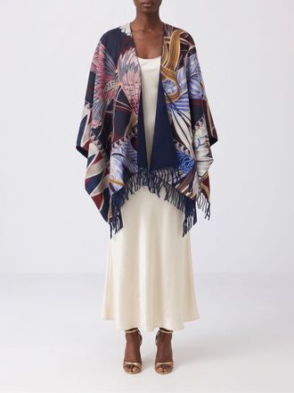 Ferragamo Cashmere and Wool Cape with Floral Print and Asymmetrical Hem