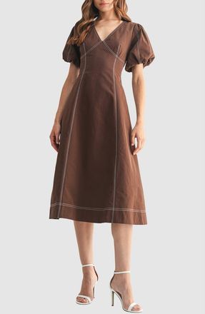 Mila Mae Contrast Stitch Puff Sleeve A-Line Midi Dress in Brown at Nordstrom Rack, Size Large
