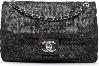Chanel Borsa a spalla Hidden maxi con pailletters e battente in rete 2008-2009 - Nero