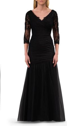 La Femme Tulle Evening Gown with Trumpet Skirt and Lace Illusion Sleeves in Black at Nordstrom, Size 20