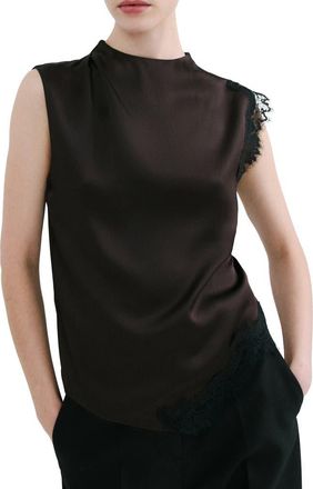 Mango Lace Trim Asymmetric Satin Top in Brown at Nordstrom, Size Medium