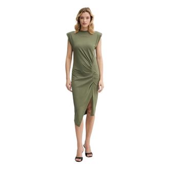 Pinko Gebreide Midi Jurk Met Gepofte Schouders - Dames - Casual kleedjes - Groen - S - Katoen - Kleedjes