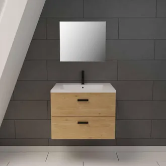 Aurlane Aurlane - Mobile Da Bagno Sospeso 60 Cm Con 2 Cassetti Finitura Legno, Lavabo E Specchio - Box-in 60 Wood