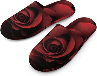 Generic Black Rose Warm Mens Slippers Slip On Soft Fleece House Shoes Winter Indoor Outdoor