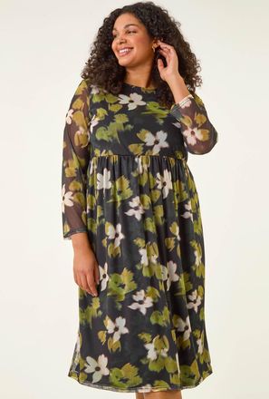 Roman Floral Print Mesh Midi Dress