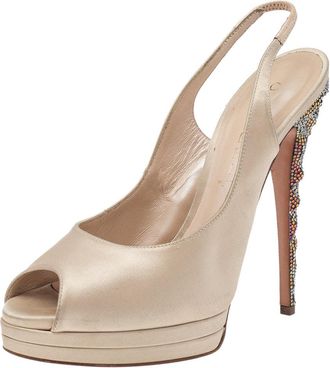 Casadei Beige Satin Crystal Embellished Heel Peep Toe Slingback Sandals