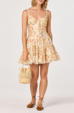 ASTR the Label Tazia Leaf Print Scallop Trim Minidress in Yellow Pink Floral at Nordstrom, Size Large