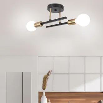 OEM L&aacute;mpara De Techo Retro Industrial De 2 Cabezales E27 - Metal Negro Y Dorado - Compatible Con Bombillas Led - Instalaci&oacute;n En Pared O Techo - Iluminaci&oacute;
