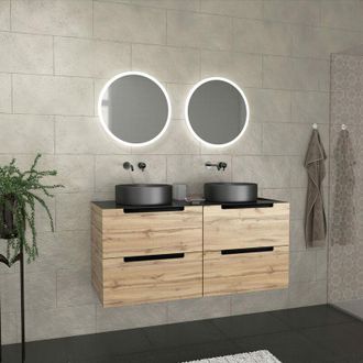 Aurlane Aurlane - Mueble De Ba&ntilde;o 120cm Roble Y Negro, Lavabos Redondos &Oslash;36cm Y Espejos Led &Oslash;50cm - Omega