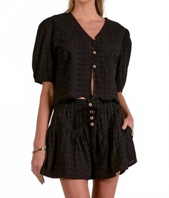 Elan Eyelet Short Sleeve Button Front Top In Black