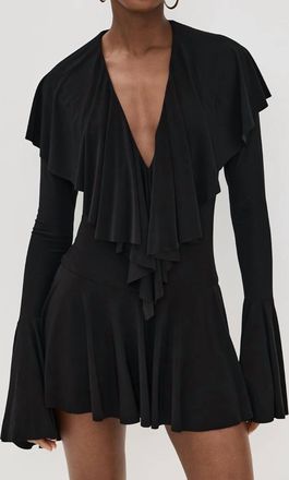 Norma Kamali Long Sleeve Deep V Ruffle Mini Dress In Black