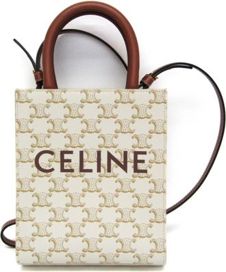 Celine Vertical Cabas Tote Triomphe Coated Canvas White Canvas Handbag (Pre-Owned)