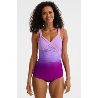 Lands End DDD-Cup Slender V-Neck Tummy Control Chlorine Resistant Skirted One Piece Swimsuit in Crimson Rose/purple Ombre at Nordstrom, Size 12