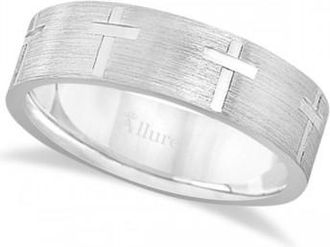 Allurez Carved Wedding Band With Crosses in 14k White Gold (7mm)