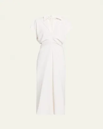 Brunello Cucinelli Draped Linen Twill Ankle Polo Dress With Monili Trim