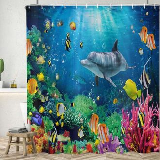 OEM Cortina De Ducha Ccykxaa De 180x200 Cm, Fondo Marino Azul, Mundo Submarino Colorido, Delfines, Peces, Coral, Cortina Textil Lavable - Crezuo