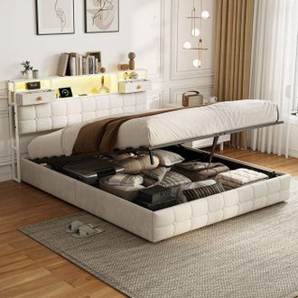 OEM Cama Doble Con Cofre - 160x200 Terciopelo Beige - 2 Cajones En El Cabecero - Led Rgb Y Usb - Somier Incluido
