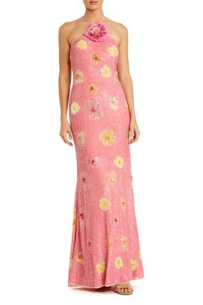 Mac Duggal Halter Neck Floral Embellished Mesh Gown in Pink Lemonade at Nordstrom, Size 10