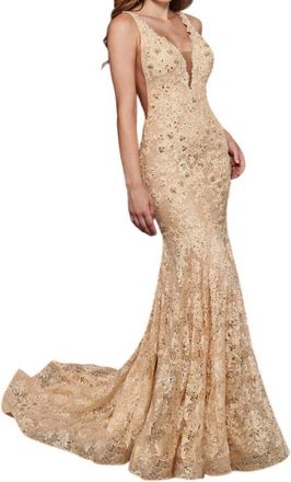 Rachel Allan Beaded Lace Prom Gown In Champagne