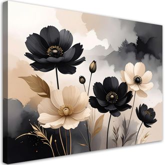 Feeby Cuadro En Lienzo Flores Negras Y Crema En Una Composici&oacute;n Moderna 100x70