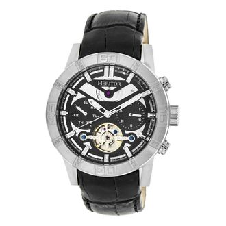 Heritor Mens Hannibal Semi-Skeleton Leather-Band Watch - Black & Silver Stainless Steel - One Size
