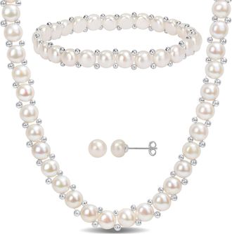 Mimi & Max 6-8mm Cultured Freshwater Button Pearl Strand Necklace, Bracelet and Stud Earrings 3-Piece Set with Sterling Silver Clasps
