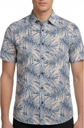 Report Collection Tropical Print Short Sleeve Linen & Cotton Button-Up Shirt in Blue at Nordstrom Rack, Size Xx-Large