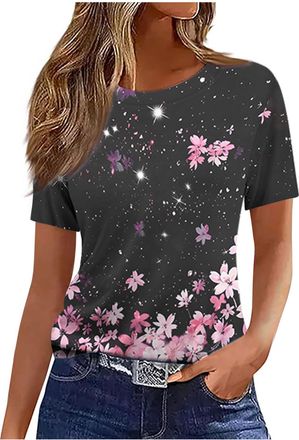 Generic Womens Tops Round Neck Short Sleeve T Shirts Cotton Tunic Blouses for Women UK Ladies Summer Shirt Trendy T-Shirts Dressy Casual Tunic Tops Longline O