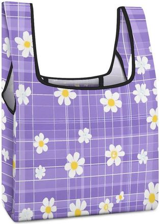 Generic Daisy Flowers Purple Checked Reusable Shopping Bags Lightweight Foldable Grocery Bag Polyester Washable Tote Bag