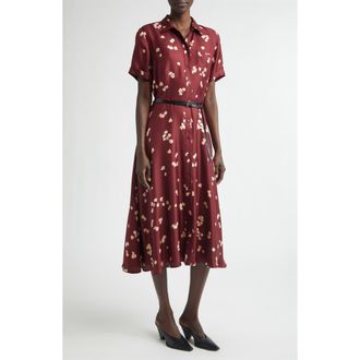Altuzarra Kiera Petal Print Belted Silk Shirtdress in Maroon Allover Petals at Nordstrom, Size 14 Us