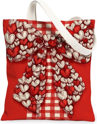 Generic ValentineS Day Hearts Canvas Tote Bags, Romantic Bow Pattern Reusable Grocery Bags, Lightweight Washable Shoulder Strap Ca, Red, 13x15 Inch