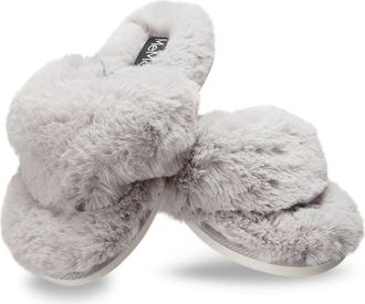 MeMoi Fuzzy Plush Faux Fur Flip Flop Slipper in Gray at Nordstrom, Size Medium