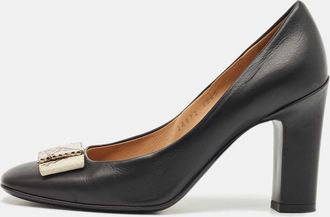 Ferragamo Black Leather Vara Bow Block Heels Pumps