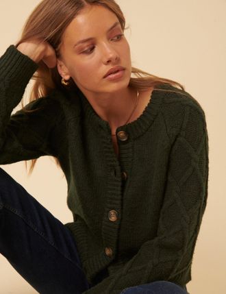 Nobody's Child Khaki Cable Knit Crew Neck Cardigan