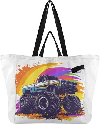 Generic Monster Truck Rainbow Colorful pattern Reusable Canvas Tote Bag, Heavy Duty Grocery Shopping Bag with Hard Bottom Double Handles Large Capacity Work G