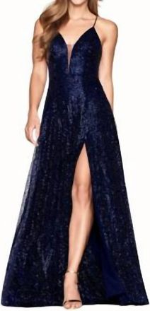 Faviana Sequinned A-Line Dress In Navy