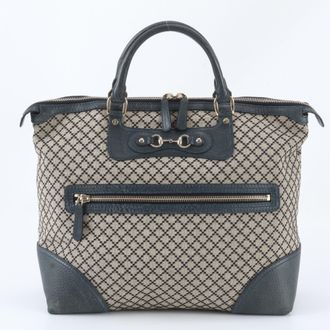Gucci Diamante Beige Navy Leather Canvas Handbag Tote Bag (Pre-Owned)